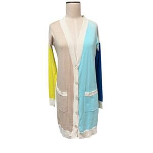 VILAGALLO Color Block Long Line V-Neck Cardigan XS Cashmere Cotton Blend